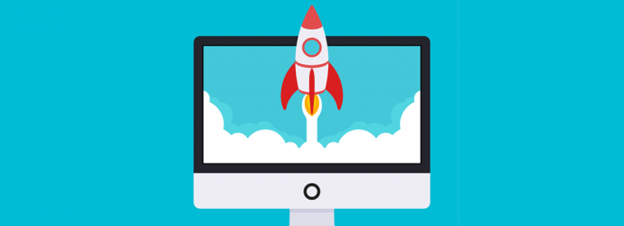 A rcartoon rocket which has red wings and a white body is launching out of a computer monitor