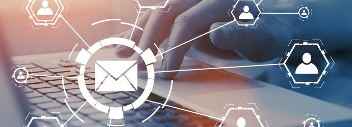 Group of email marketing logos layered on top of someone on a laptop