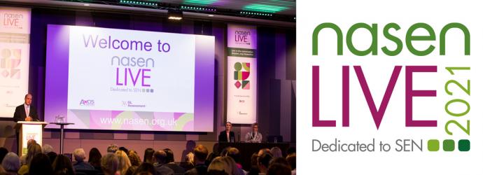 nasen Live 2021 event banner - image of main stage at conference with nasen Live 2021 logo