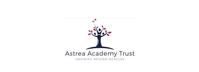 Astrea Academy Trust logo - image is three people standing together to make the shape of a tree, their arms are the branches reaching up to the stars. Tagline is "inspiring beyond measure"