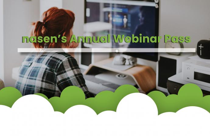 Woman sat in front of a computer with "nasen's annual webinar pass" written in green text