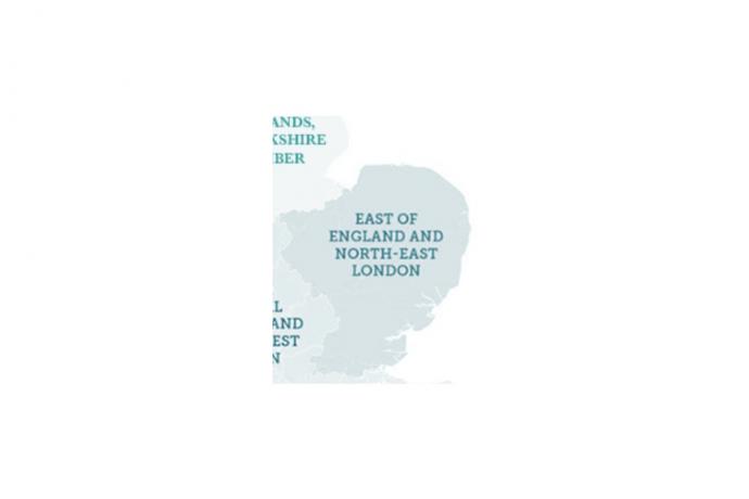 Image shows East of England and North East London region on a map
