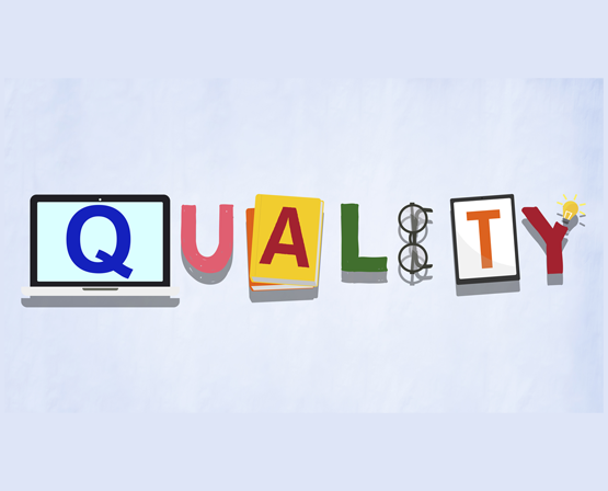 Image with "quality" spelt out using different options, Q is on a laptop U is a cut out piece of paper, A is on a post-it note L is a cut out piece of paper, I is a pair of glasses T is a post-it note and Y is a flower