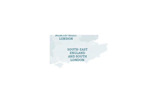 Image shows map of South East England and South London region on map