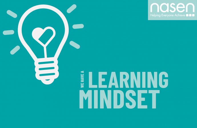 A blue banner which has text on it saying " We have a learning mindset" features a lightbulb which has a heart in the middle of it on the left hand side and the nasen logo on the top right
