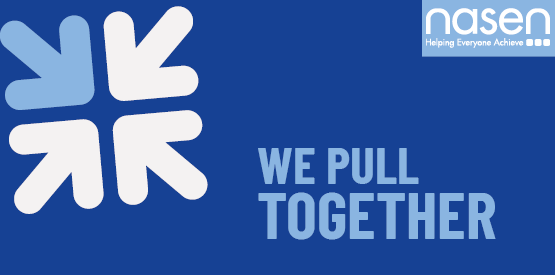 Blue banner with "we pull together" written on it in a lighter blue. In the top left there are 4 arrows pointing to the middle and on the top right is a nasen logo