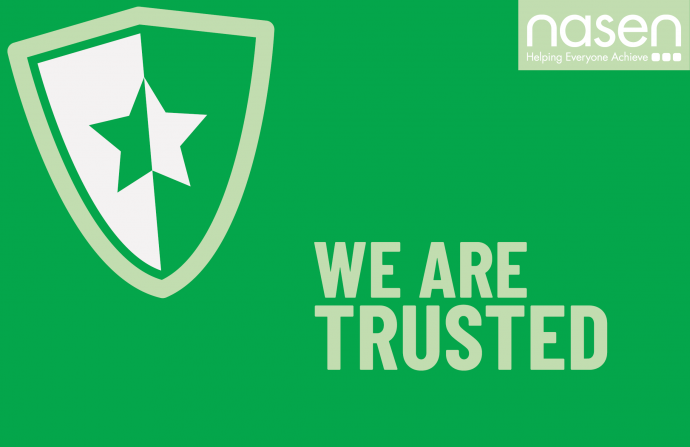 "We are trusted" values poster in green with a security badge on the top left which has a star in the middle of it and the nasen logo on the top right